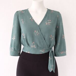 Madewell 100% Silk Floral Wrap Blouse Green Tie Waist Size S